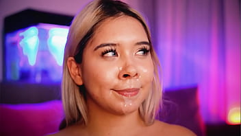 Preview 4 of New Steel - Blonde with a beautiful face sucks her friend&#039_s cock while transmitting and receives a big load of cum on her face