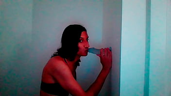Preview 1 of Megan Pon - Petite Tgirl Sucks Wall Mount Dildo Lovingly #2