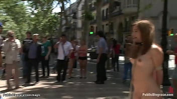 Preview 1 of Xxx Korek - Bound brunette posing naked in public