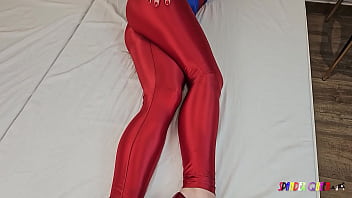 Preview 1 of Granny Video Old - SpandexQueen comes three times in her red spandex suit and jerks him off in his cock sheath