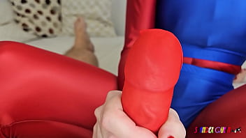 Preview 4 of Granny Video Old - SpandexQueen comes three times in her red spandex suit and jerks him off in his cock sheath