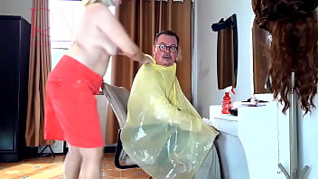 Preview 3 of Beak To Love Vidio - Nudist barbershop. Nude lady hairdresser in an apron. Security camera. The client is surprised. Short 1