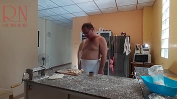 Preview 3 of Mnica Renner - Nudist housekeeper Regina Noir cooking at the kitchen. Naked maid makes dumplings. Naked cooks. camera 1.