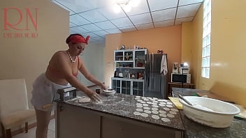 Preview 1 of Mnica Renner - Nudist housekeeper Regina Noir cooking at the kitchen. Naked maid makes dumplings. Naked cooks. camera 1.