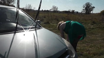 Preview 2 of Redhead Naomi Flame - Milf. Naked sexy outdoor. Outside in nature on river bank beautiful my without panties in stockings high heels washes car. Pretty in auto