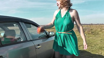 Preview 3 of Redhead Naomi Flame - Milf. Naked sexy outdoor. Outside in nature on river bank beautiful my without panties in stockings high heels washes car. Pretty in auto