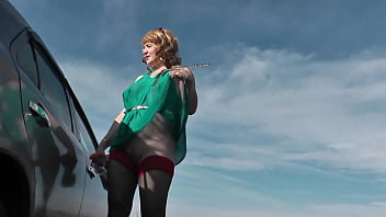 Preview 4 of Redhead Naomi Flame - Milf. Naked sexy outdoor. Outside in nature on river bank beautiful my without panties in stockings high heels washes car. Pretty in auto