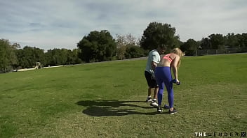 Preview 2 of Sunny Leone Pusy Eat - Tattooed blonde tgirl gets breeded from behind in the gym