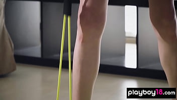 Preview 2 of Sleeping Babysitter No Panties - Petite blonde ukrainian Gerda Rubia introduces her tiny tits during workout