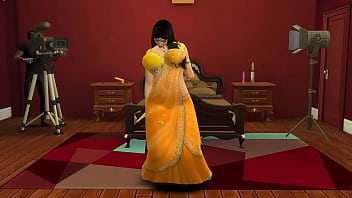 Preview 2 of Shiipa Shetty - Desi Aunty Manju teasing horny guys by wearing a sexy yellow saree
