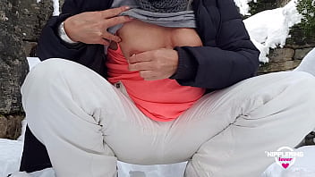 Preview 3 of Old Boy Fuck Hot Milf - nippleringlover milf pissing and playing with huge pierced nipples outside in snow