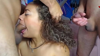 Preview 2 of Interracial Couples Foursome - Hellena the hot curly brunette swallowing 2 hard cocks