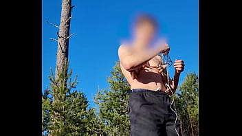 Preview 3 of Mom Giant Boobs Handjob - Teenager in a forest gets clamp/clothespins zipper torn of chest by a tree