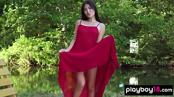 Preview 2 of Shower Fivety - Petite small titted mongolian babe Kimiko stripping on a flowery meadow