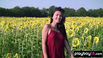Preview 1 of Shower Fivety - Petite small titted mongolian babe Kimiko stripping on a flowery meadow