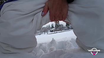 Preview 2 of Porn Sunyy Lion Nagro - nippleringlover pissing outdoors in snow flashing huge pierced nipples and pierced pussy with stretched pussy lip piercings