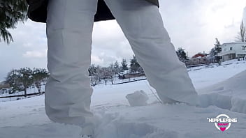 Preview 1 of Porn Sunyy Lion Nagro - nippleringlover pissing outdoors in snow flashing huge pierced nipples and pierced pussy with stretched pussy lip piercings