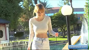 Preview 4 of Mom Dish - Sexy blonde teen amateur Alyssa play with her natural big boobs outside near a lake
