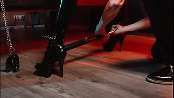 Preview 2 of Mae E Filho Incesto - Spread your legs! Pleaser heels with rubber toe socks and a full black catsuit caught in a spreader bar,  ready to be used...