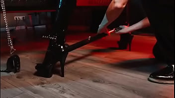 Preview 3 of Mae E Filho Incesto - Spread your legs! Pleaser heels with rubber toe socks and a full black catsuit caught in a spreader bar,  ready to be used...