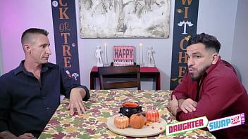 Preview 2 of Wicked 30 Love - DaughterSwap3X.com - It&rsquo_s Halloween and best friends Bailey Base and Dani Blu are spending it together,  watching scary movies with their stepdads Johnny Tattoo and Peter Green.