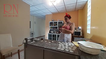 Preview 3 of Dog Sexy Garlic - Nudist housekeeper Regina Noir cooking at the kitchen. Naked maid makes dumplings. Naked cooks. Spy camera. Bra 1