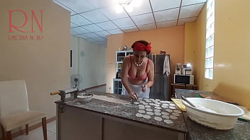 Preview 4 of Dog Sexy Garlic - Nudist housekeeper Regina Noir cooking at the kitchen. Naked maid makes dumplings. Naked cooks. Spy camera. Bra 1
