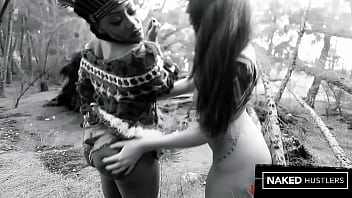 Preview 1 of Small Girl Big Dig - Thick Booty Ebony and Ivory Baddie&#039_s slurping on a cock outside in the woods