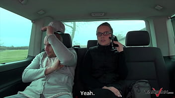 Preview 1 of Gloryhole Tug - Horny threesome fuck in the driving van,  pissing and cumshot included