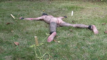Preview 2 of Xdesi Mobi Dog - Nuisette007 tied spread naked outdoors and facing down