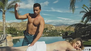 Preview 2 of School Girl Shemale Bailey Jay - Cock tugged trans beauty breeds masseur in outdoor couple