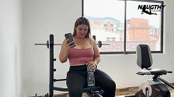 Preview 2 of Big Tits Teens Catsuit - He masturbates in the gym when he talks to his lover