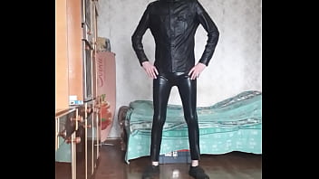 Preview 1 of Emo Teen Bbc - Guy in latex leggins and leather shirt