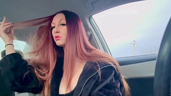 Preview 4 of Jeans School - Italian Long hair Big Tits Milf Artemisia Love Cigarette Smoking in the car and showing her nipple