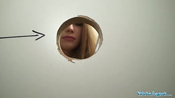Preview 2 of Bukkake 1080 - Public Agent Nervous looking woman sucks and fucks cock through a gloryhole