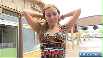 Preview 2 of Batman Xxnx - Lovely teen blonde amateur Brielle show her nice butt and finger her bald pussy in public
