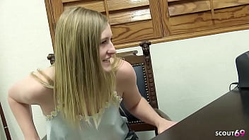 Preview 1 of Exzesse Latex - Shy blonde Girl with perfect natural Tits seduce to Interracial Sex by Black Monster Cock Boss at Job Interview