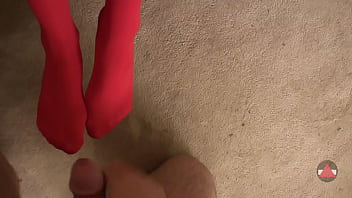 Preview 4 of Xxx Sxie Cooxc - Cumshot on Red Pantyhose Feet