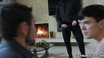 Preview 2 of Video Store Fuck - A gay couple is spending a romantic day when a thief barges in,  demanding their valuable items and dominating them in a threesome anal fuck.