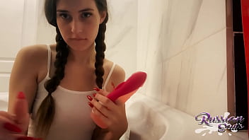 Preview 1 of Choot Amrki - Cute teen in wet top plays with two toys
