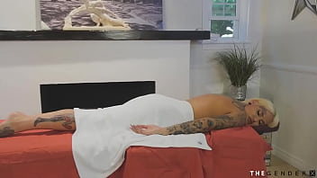 Preview 1 of Babe Rim - Inked busty shemale gives blowjob before breeded by masseur