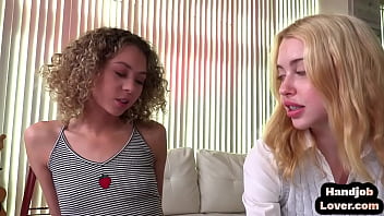 Preview 1 of Big Breast Milks - Tiny handjob babes jerking pov dick in erotic threesome