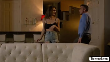 Preview 1 of Lesbi Com Porno - Busty shemale barebacks her guy mistress