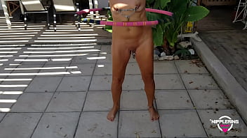 Preview 3 of Goom Da - nippleringlover naked outdoors swinging hulahoop in slow motion - chained pierced nipples &amp_ pussy lips