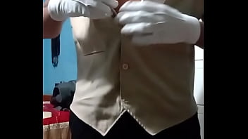 Preview 1 of Amber Asjle - David wearing his old uniform (bartender) strips for the camera
