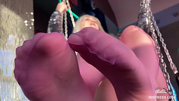 Preview 2 of In Dia Saxx Vdio - Goddess Cute Feet In Thin Sheer Pink Pantyhose Swing Near Your Face