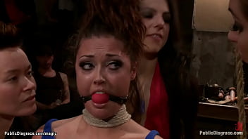 Preview 1 of Anal Dem - Lesbians fucking bound slave in public