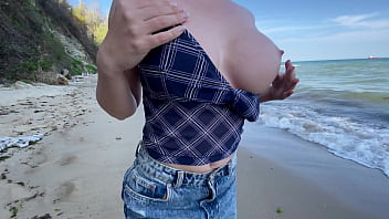 Preview 1 of Booger Nose Eat - Public Beach Sex with Big Boobs Teen and Cum on them