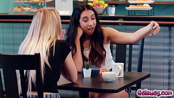 Preview 3 of Hairy Black Licking - Kiarra Kai and Khloe Kapri masturbates under the table at the coffee shop