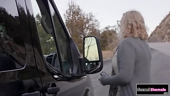 Preview 2 of Mom Catches Son Jerking - Trans hitchhiker Lola Morena barebacked